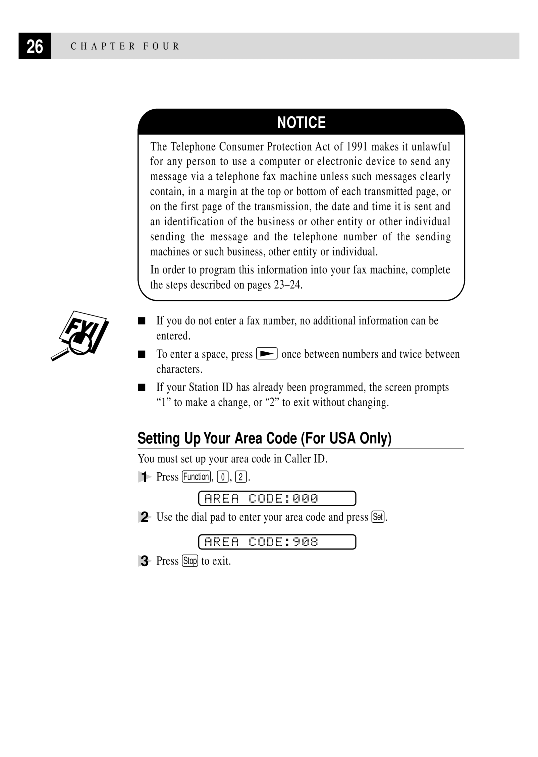 Brother FAX 255 owner manual Setting Up Your Area Code For USA Only, Area CODE000, Area CODE908 