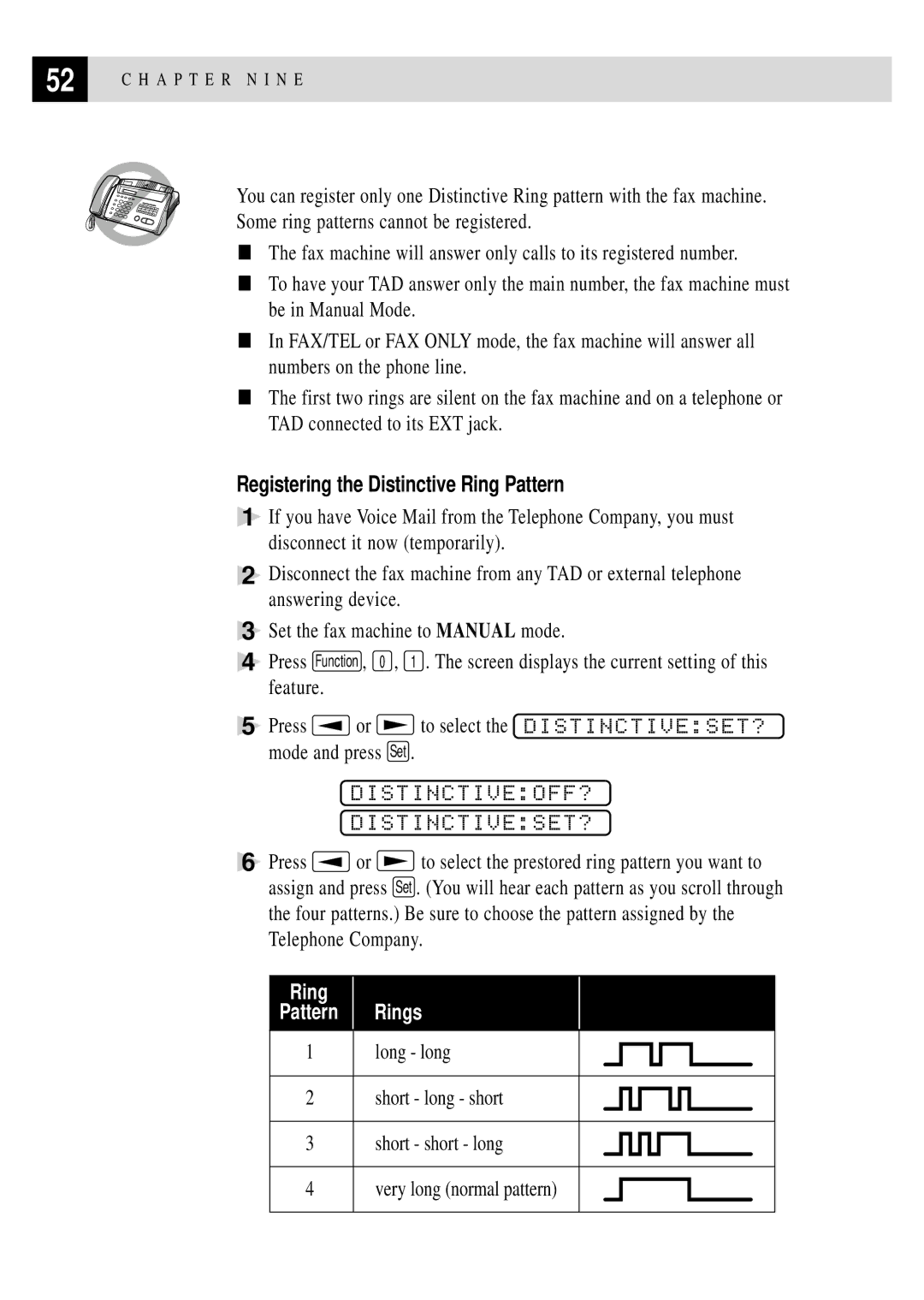 Brother FAX 255 owner manual Distinctiveoff? Distinctiveset?, Registering the Distinctive Ring Pattern 