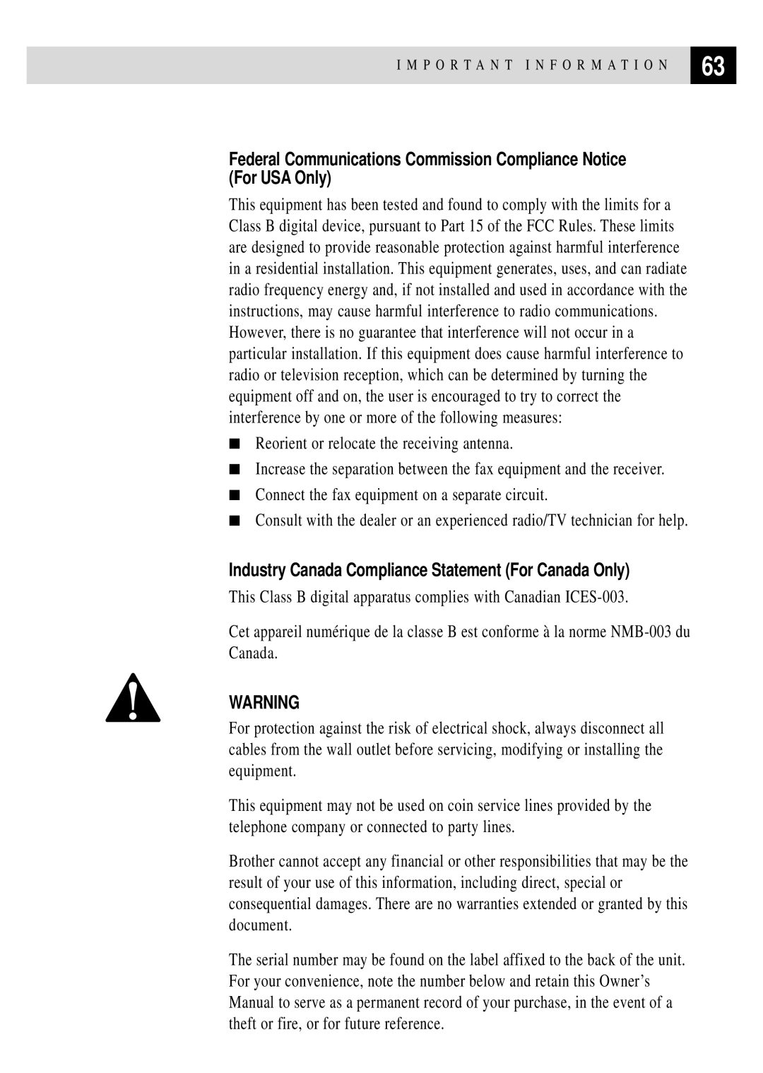 Brother FAX 255 owner manual Industry Canada Compliance Statement For Canada Only 