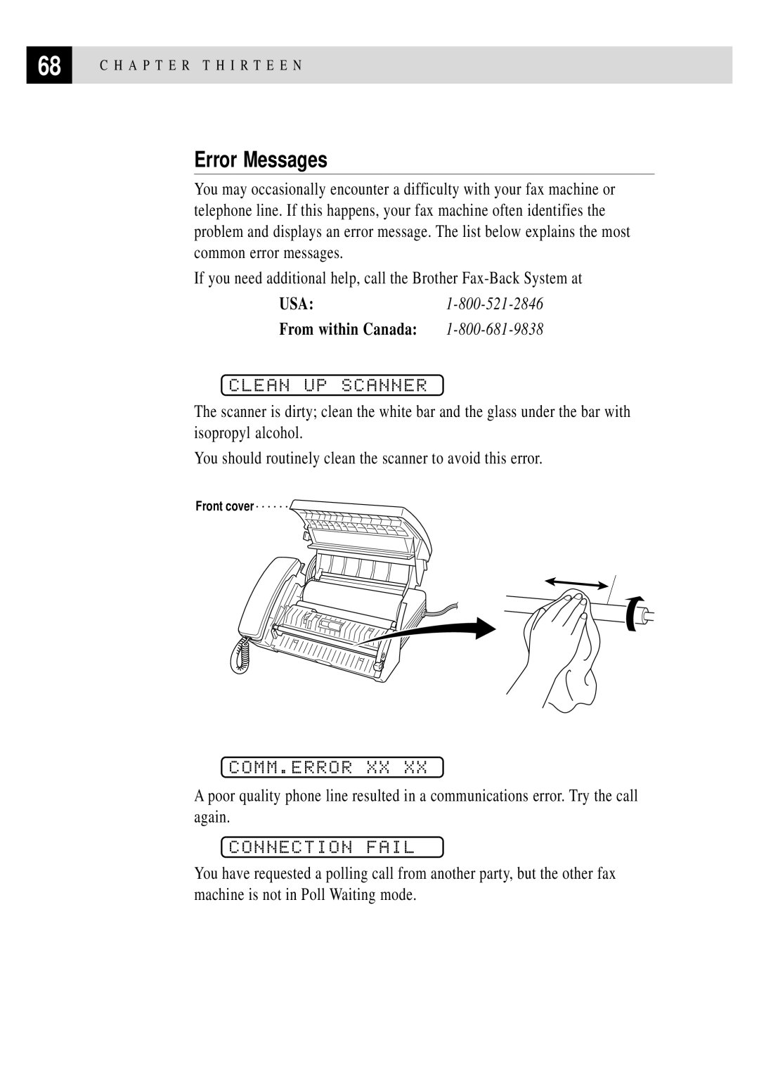 Brother FAX 255 owner manual Error Messages, Clean UP Scanner, Comm.Error Xx, Connection Fail 