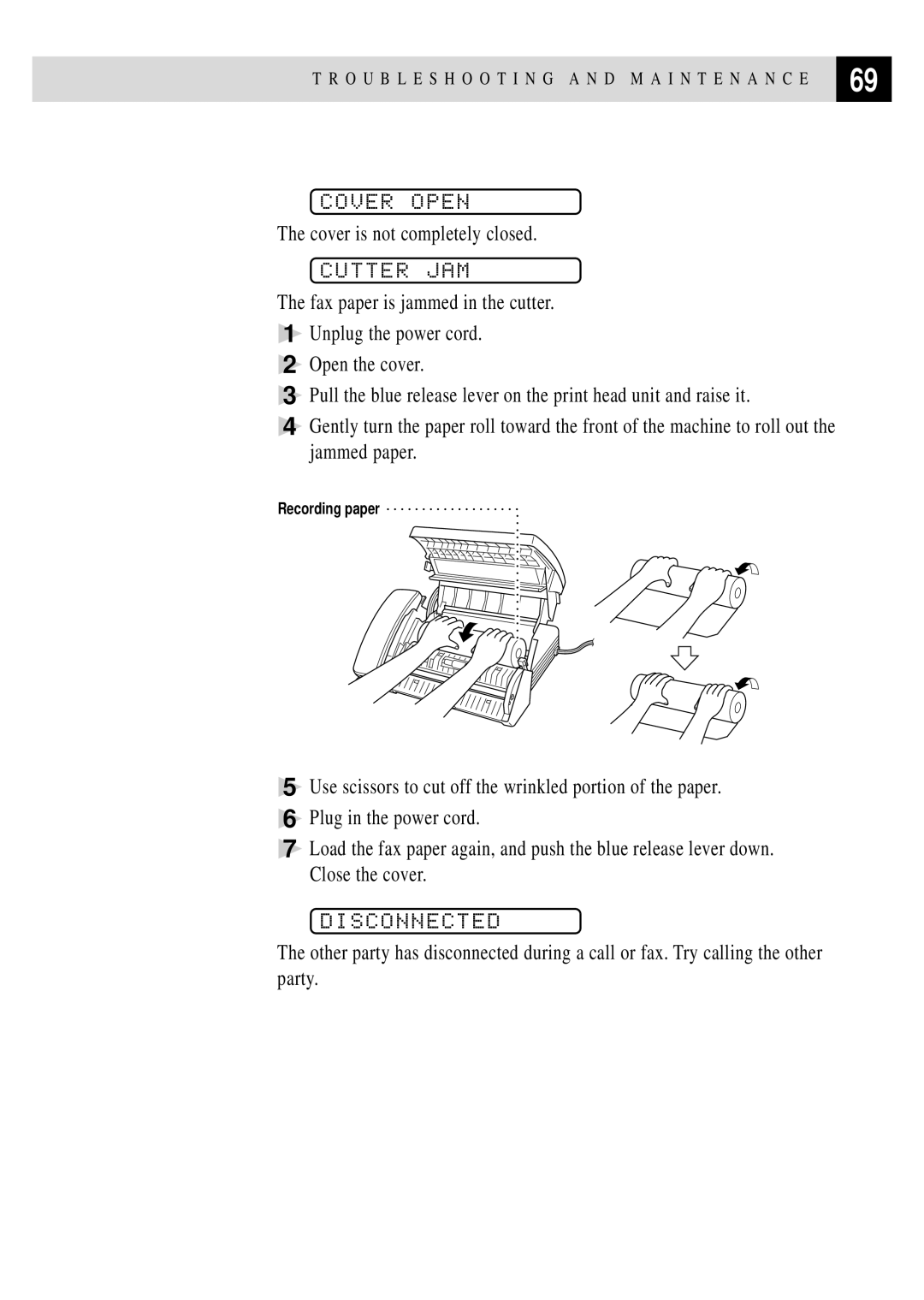 Brother FAX 255 owner manual Cover Open, Cutter JAM, Disconnected 