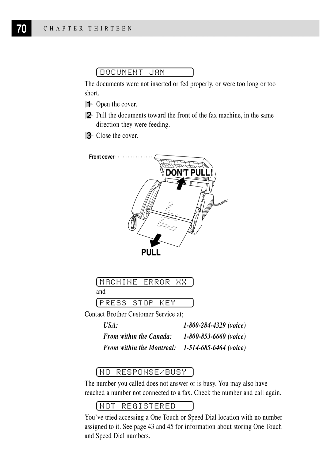 Brother FAX 255 owner manual Document JAM, Machine Error Press Stop KEY, No RESPONSE/BUSY, Not Registered 