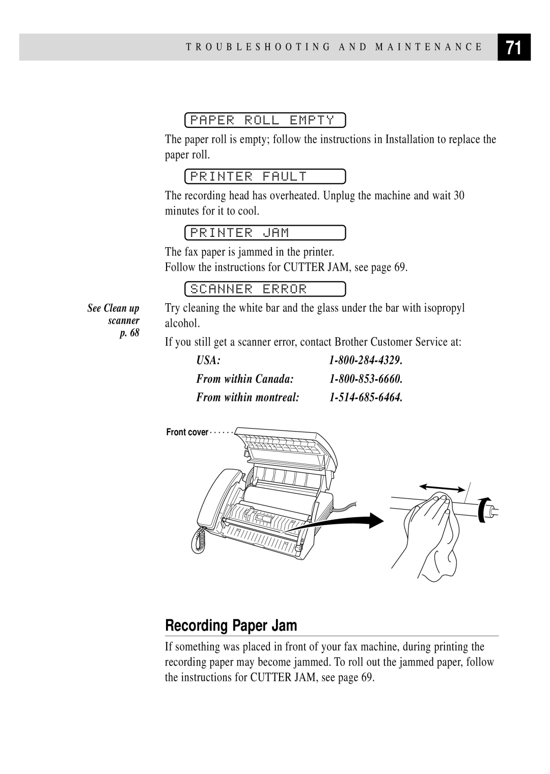 Brother FAX 255 owner manual Recording Paper Jam, Paper Roll Empty, Printer Fault, Printer JAM, Scanner Error 