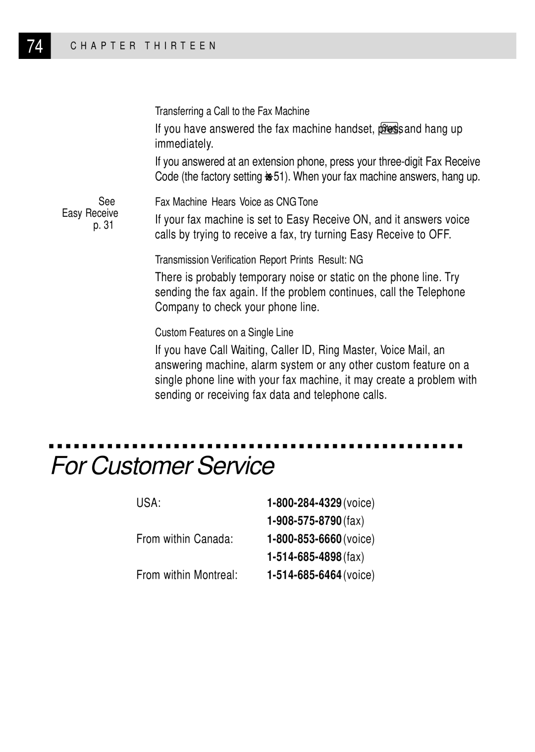 Brother FAX 255 owner manual For Customer Service, Fax Machine Hears Voice as CNG Tone 