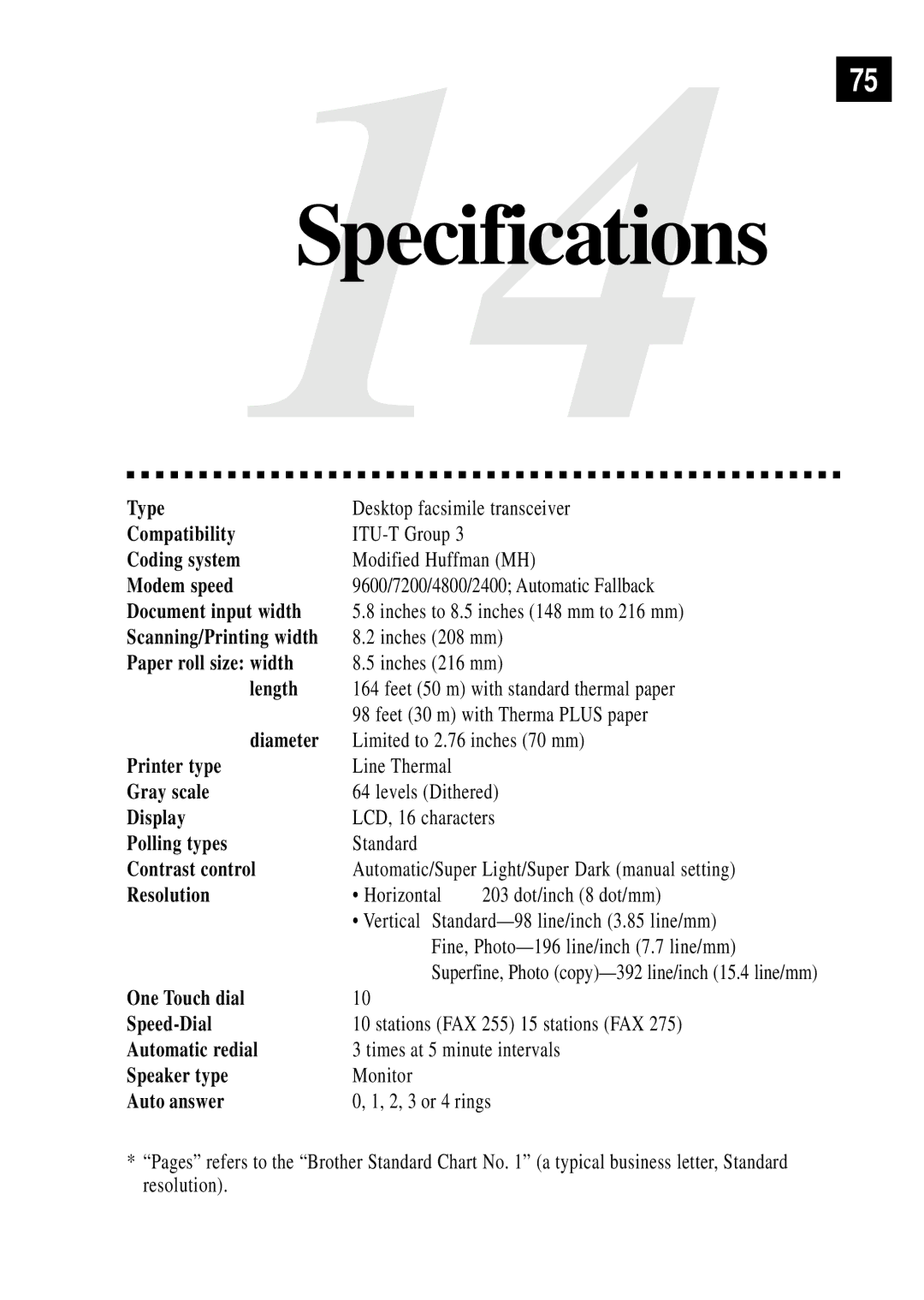 Brother FAX 255 owner manual 14Specifications 