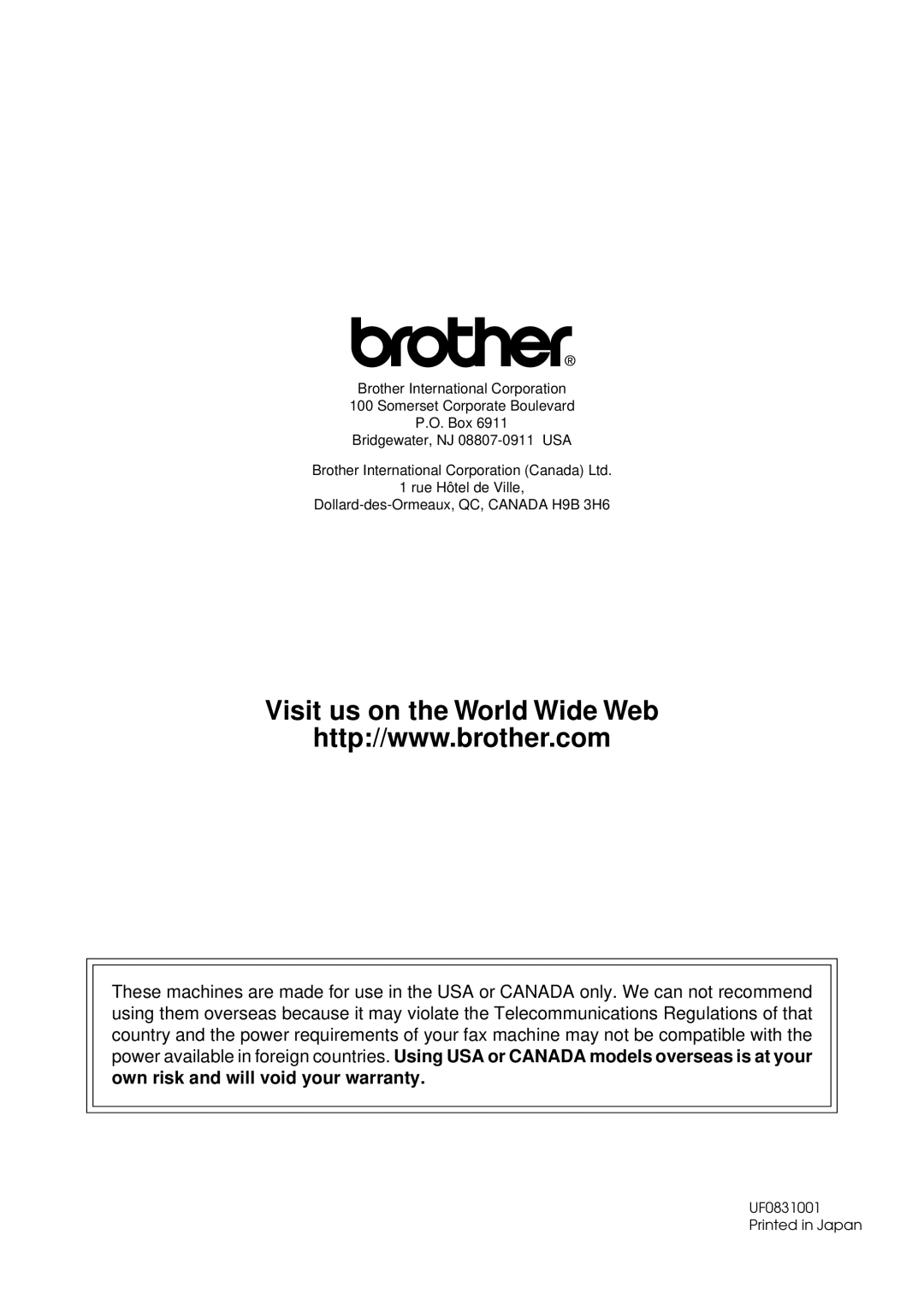 Brother FAX 255 owner manual Visit us on the World Wide Web 