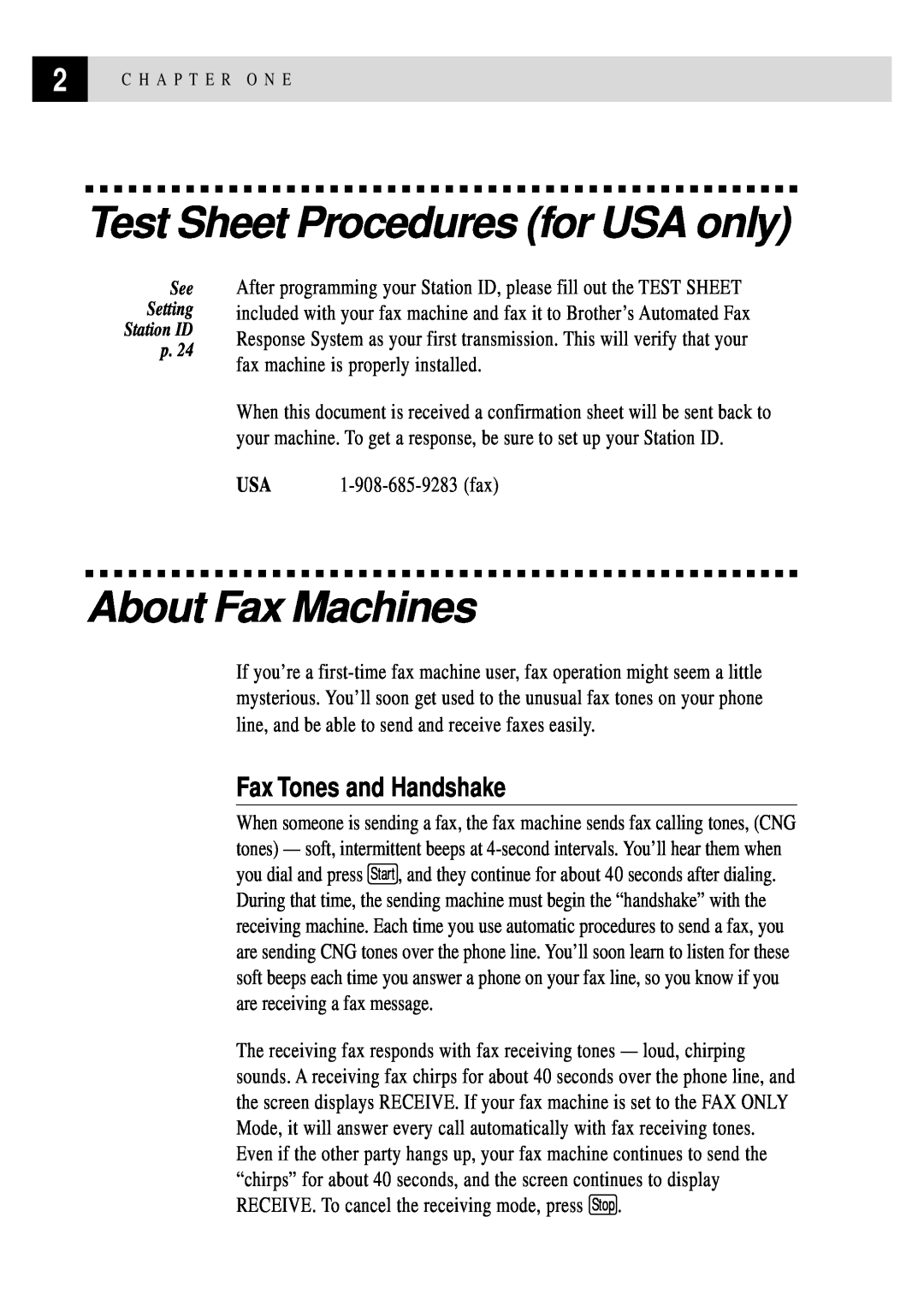 Brother FAX 255 owner manual Test Sheet Procedures for USA only, About Fax Machines, Fax Tones and Handshake 
