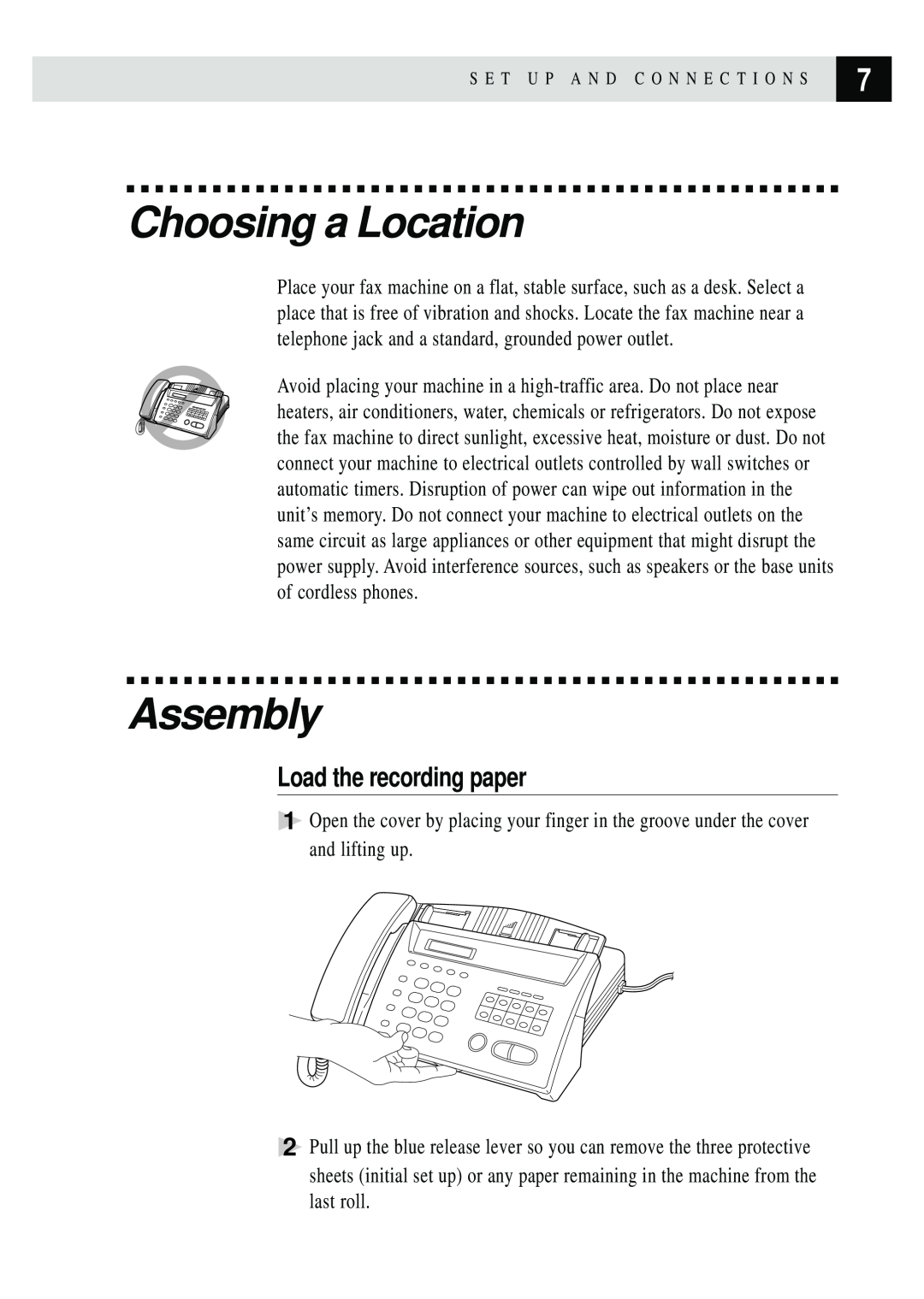 Brother FAX 255 owner manual Choosing a Location, Assembly, Load the recording paper 