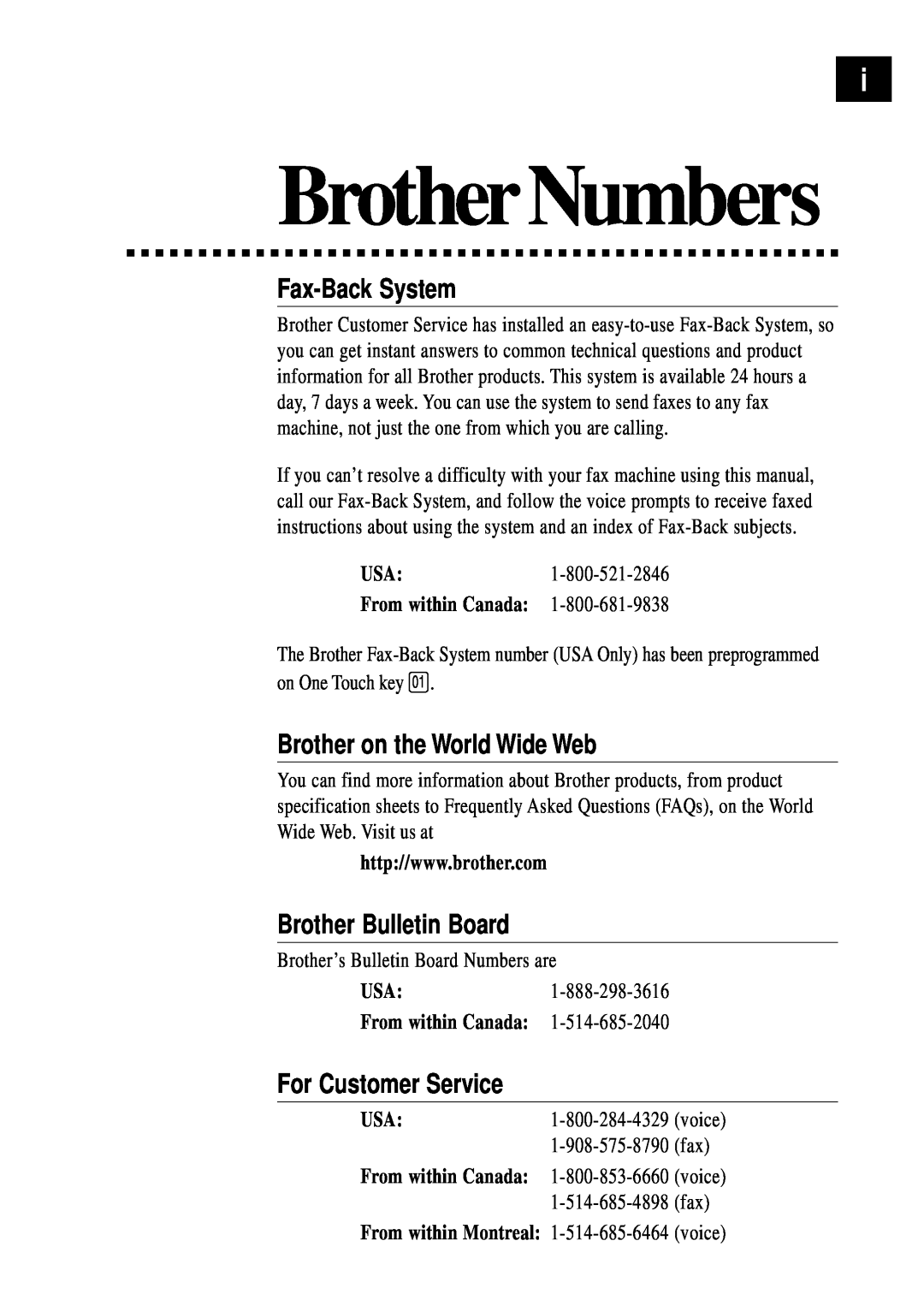 Brother FAX 255 BrotherNumbers, Fax-Back System, Brother on the World Wide Web, Brother Bulletin Board, From within Canada 
