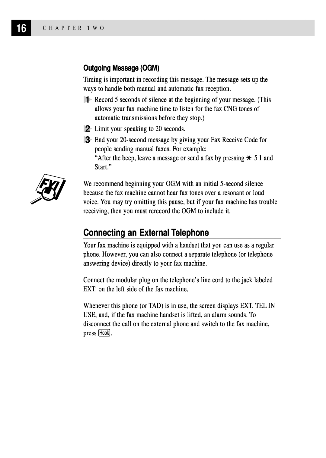 Brother FAX 255 owner manual Connecting an External Telephone, Outgoing Message OGM 