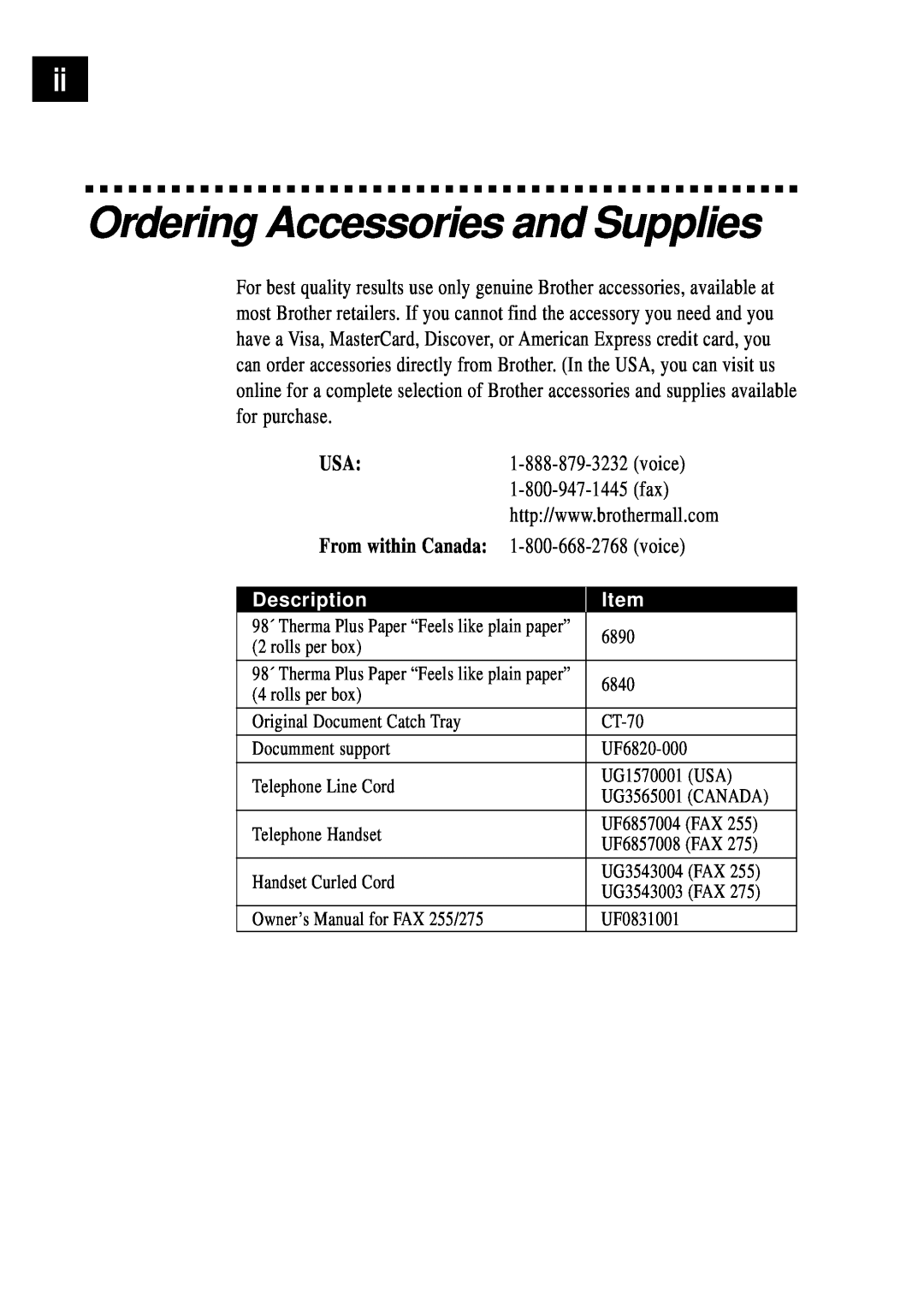 Brother FAX 255 owner manual Ordering Accessories and Supplies, From within Canada, Description 