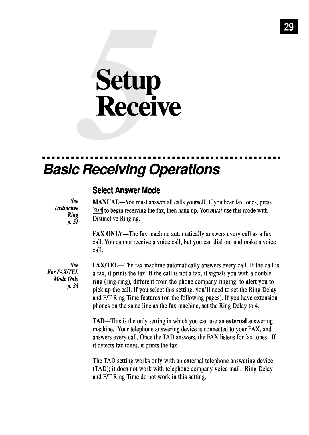Brother FAX 255 owner manual 5Setup29 Receive, Basic Receiving Operations, Select Answer Mode 