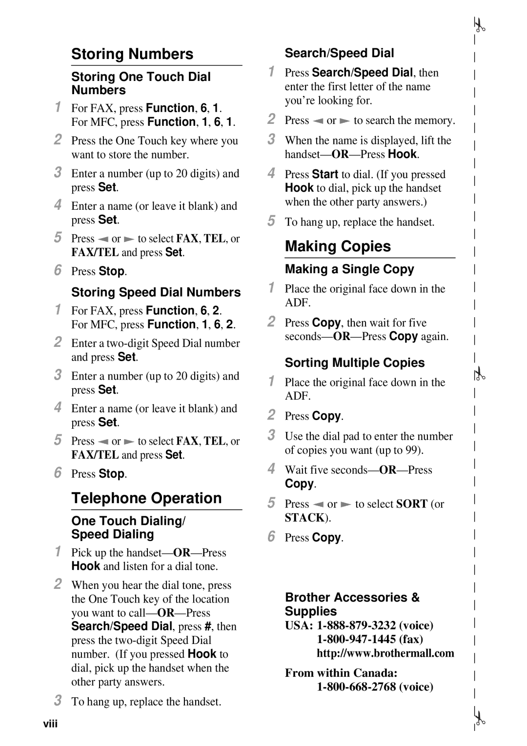 Brother FAX 2600, MFC 4600 manual Storing Numbers, Telephone Operation, Making Copies 