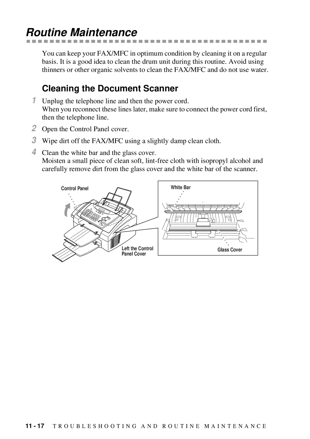 Brother FAX 2600, MFC 4600 manual Routine Maintenance, Cleaning the Document Scanner 