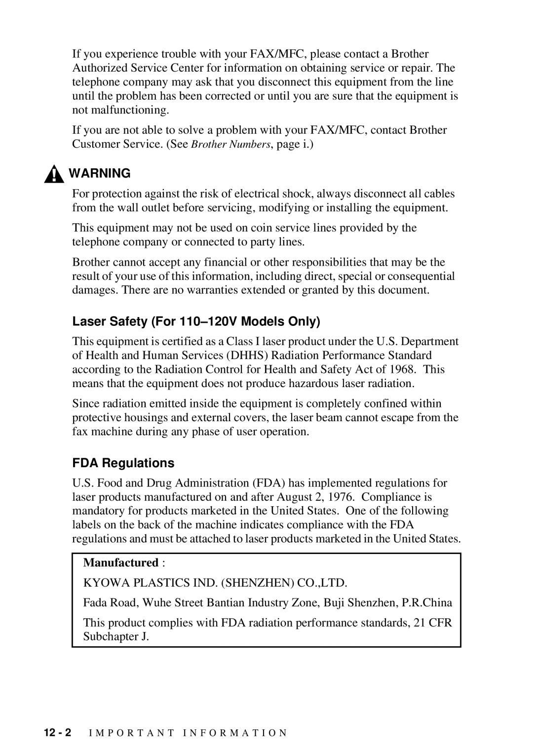 Brother FAX 2600, MFC 4600 manual Laser Safety For 110-120V Models Only, FDA Regulations, Manufactured 