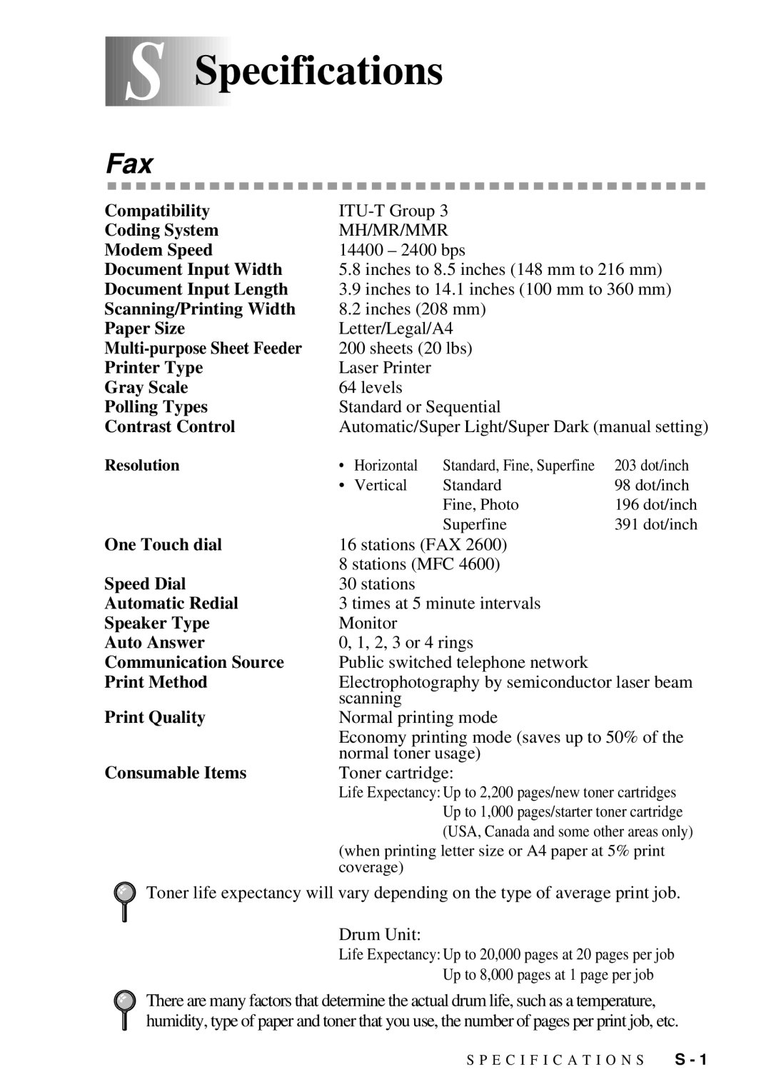 Brother MFC 4600, FAX 2600 manual SSpecifications, Fax 