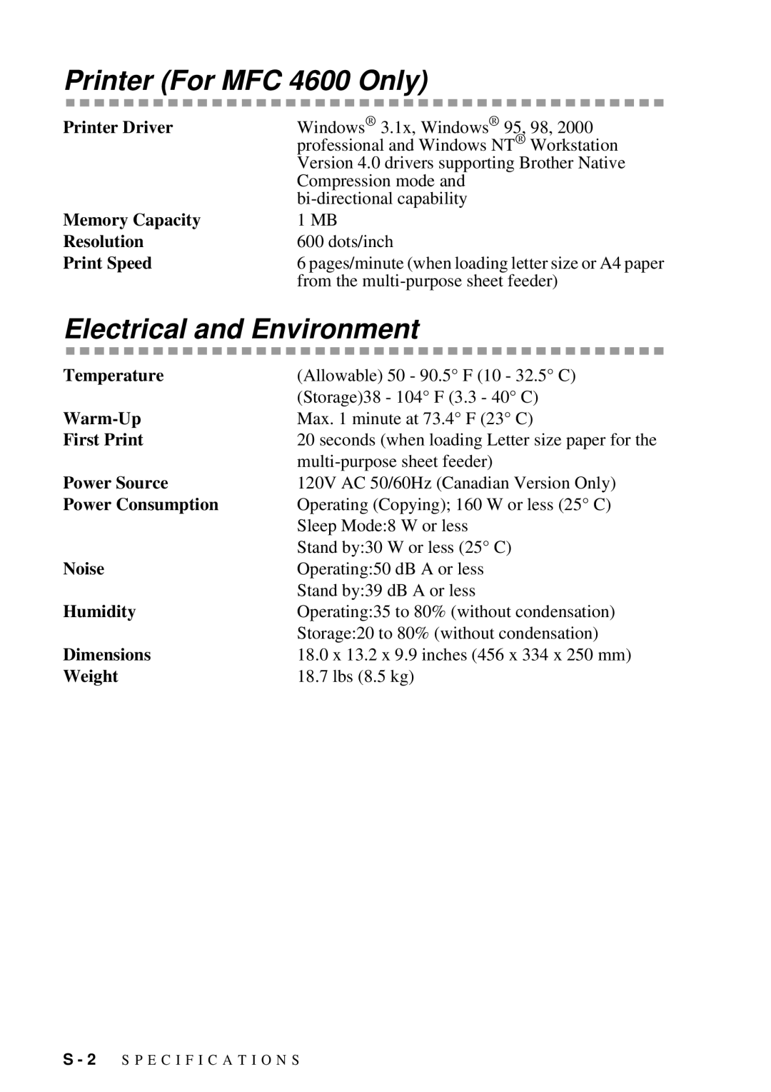 Brother FAX 2600 manual Printer For MFC 4600 Only, Electrical and Environment 