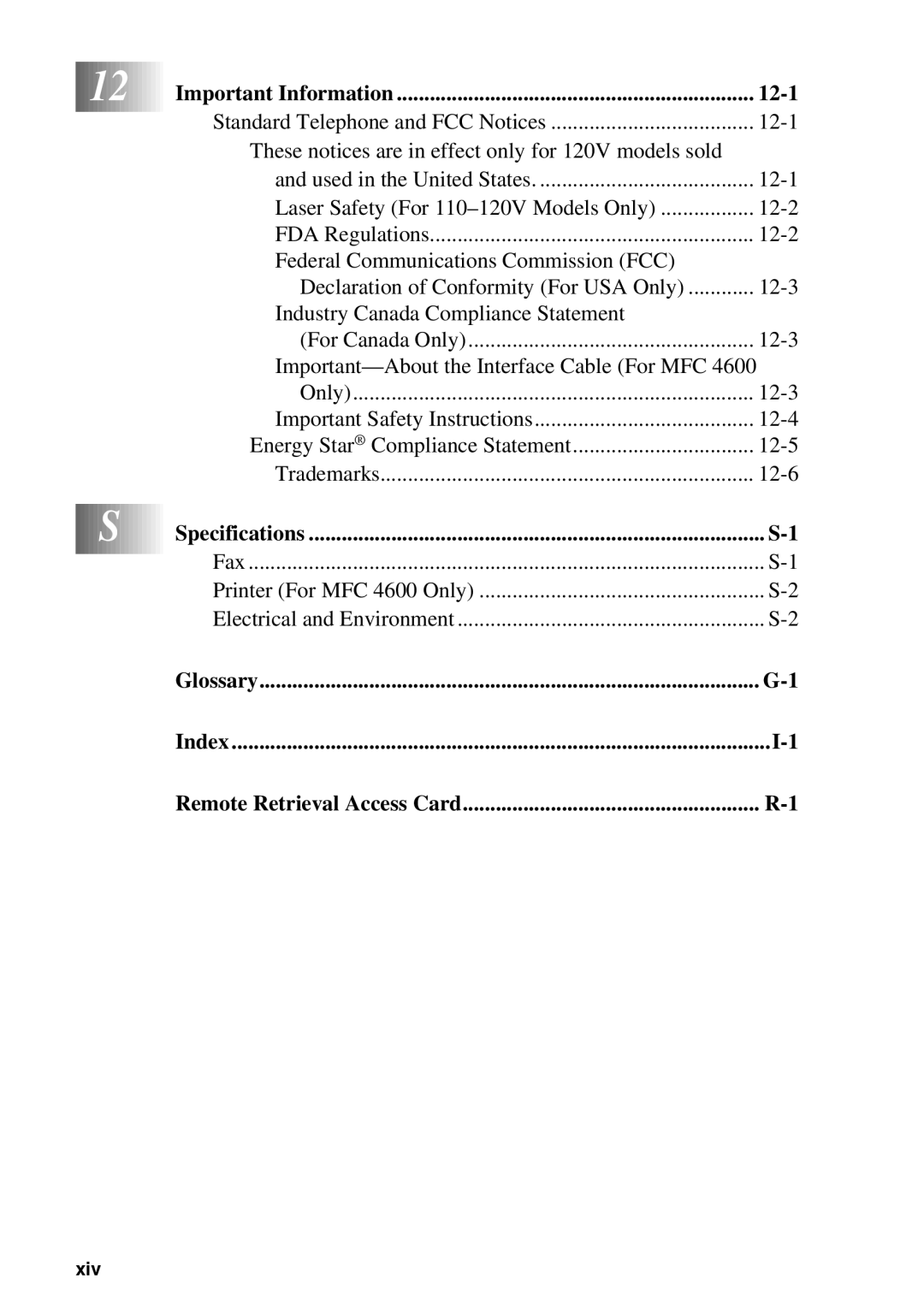 Brother FAX 2600, MFC 4600 manual Important Information, Specifications, Glossary Index Remote Retrieval Access Card 