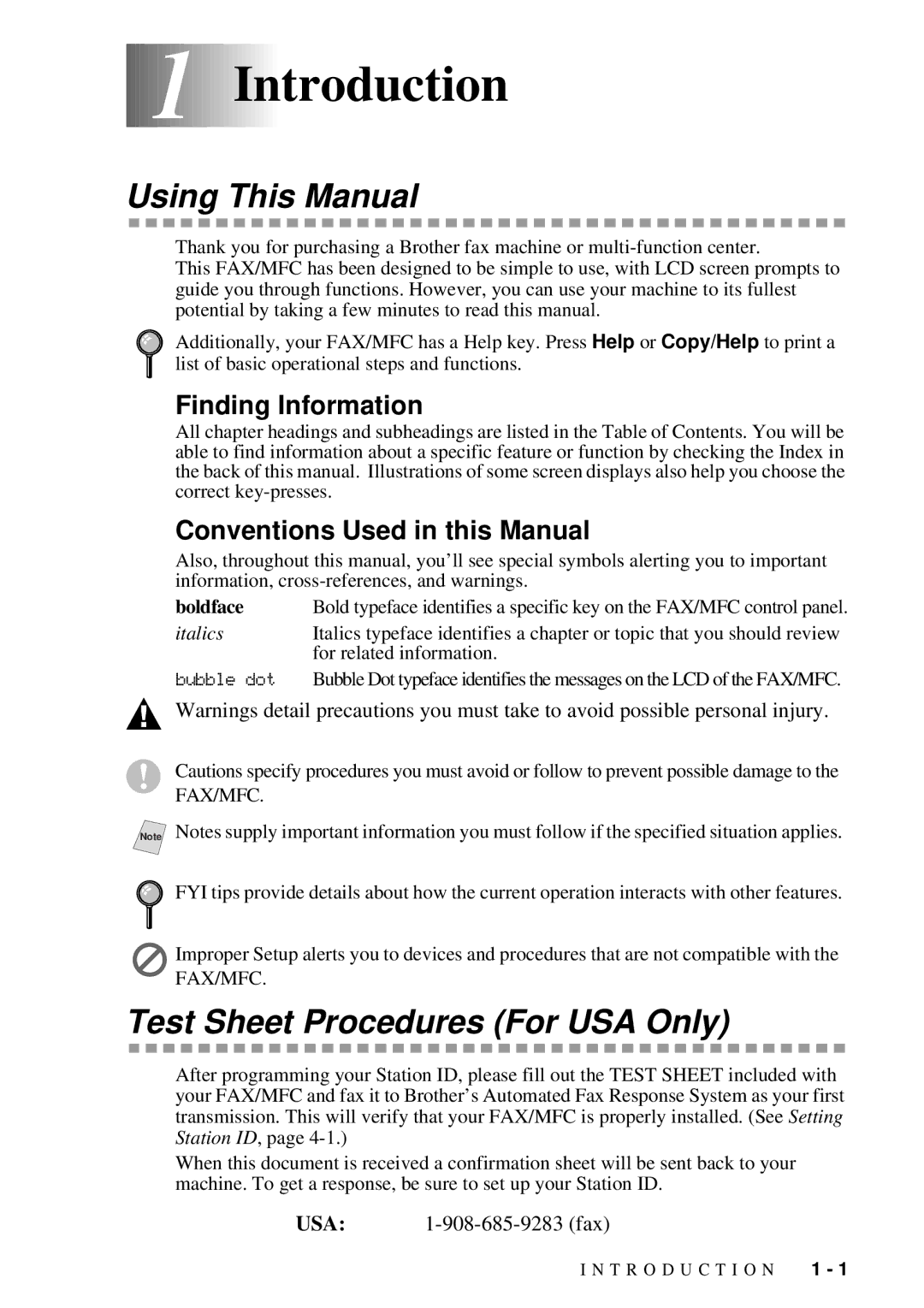 Brother MFC 4600, FAX 2600 manual 1Introduction, Using This Manual, Test Sheet Procedures For USA Only, Finding Information 