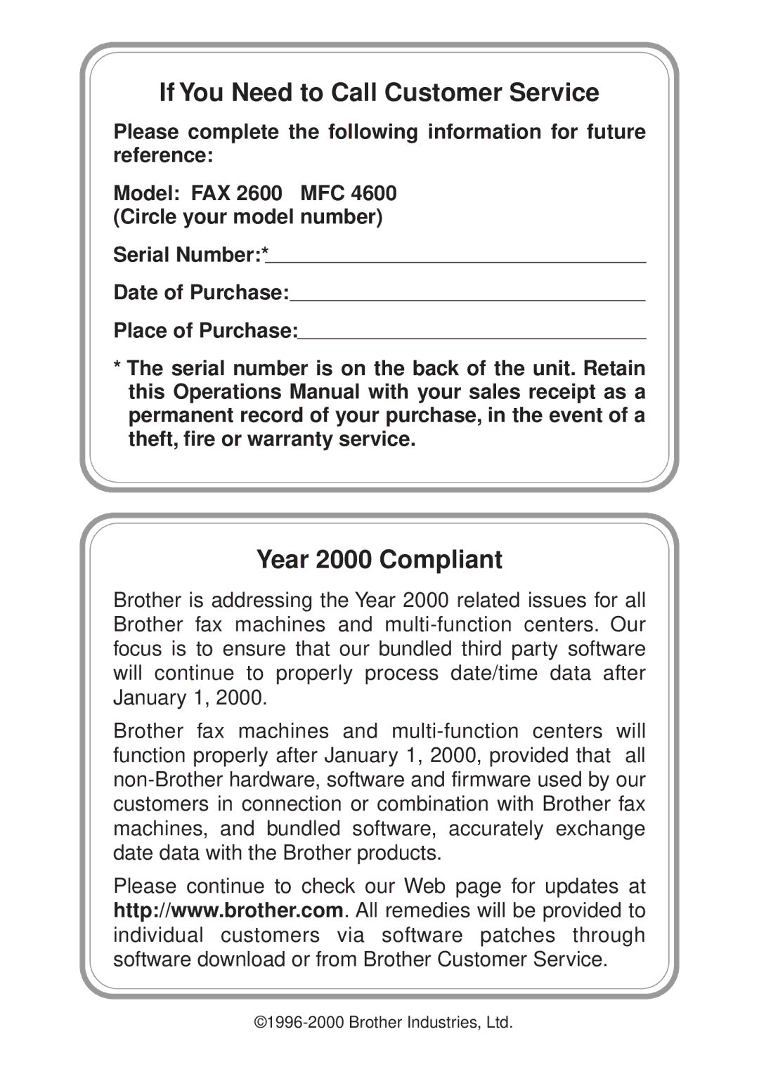 Brother FAX 2600, MFC 4600 manual If You Need to Call Customer Service 