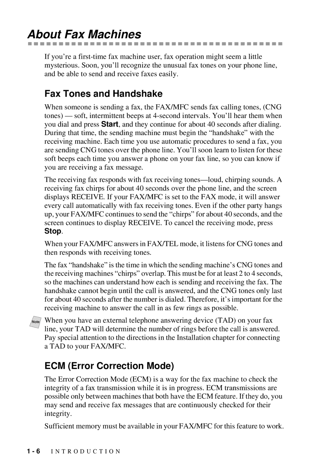 Brother FAX 2600, MFC 4600 manual About Fax Machines, Fax Tones and Handshake, ECM Error Correction Mode 