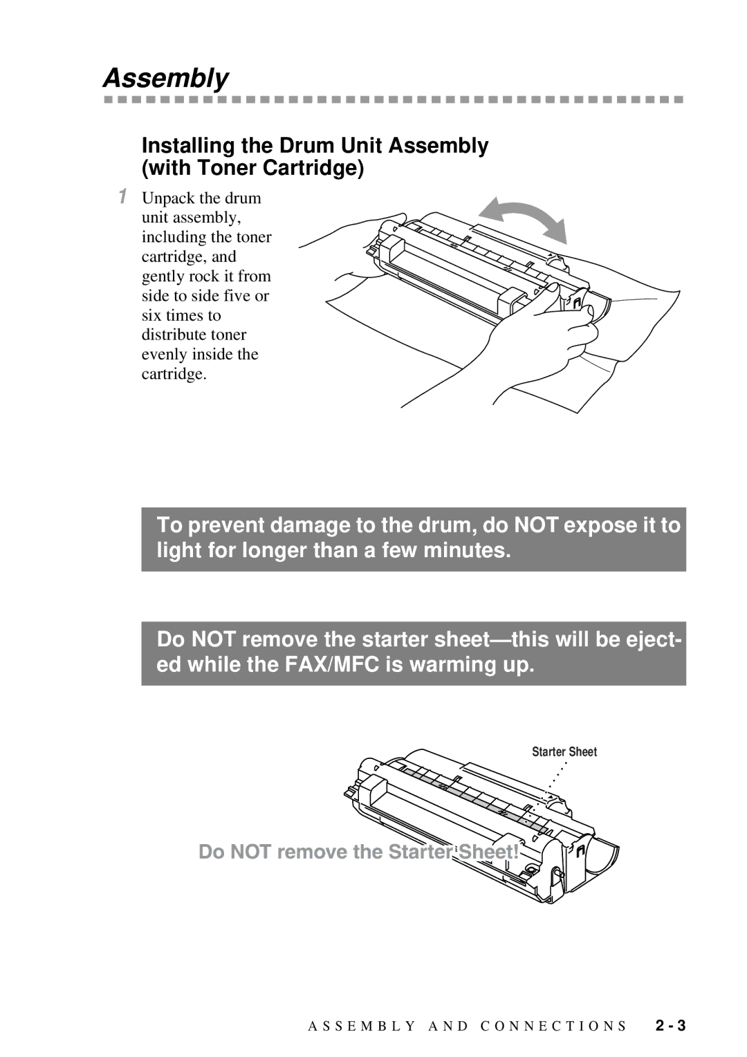 Brother MFC 4600, FAX 2600 manual Installing the Drum Unit Assembly With Toner Cartridge 