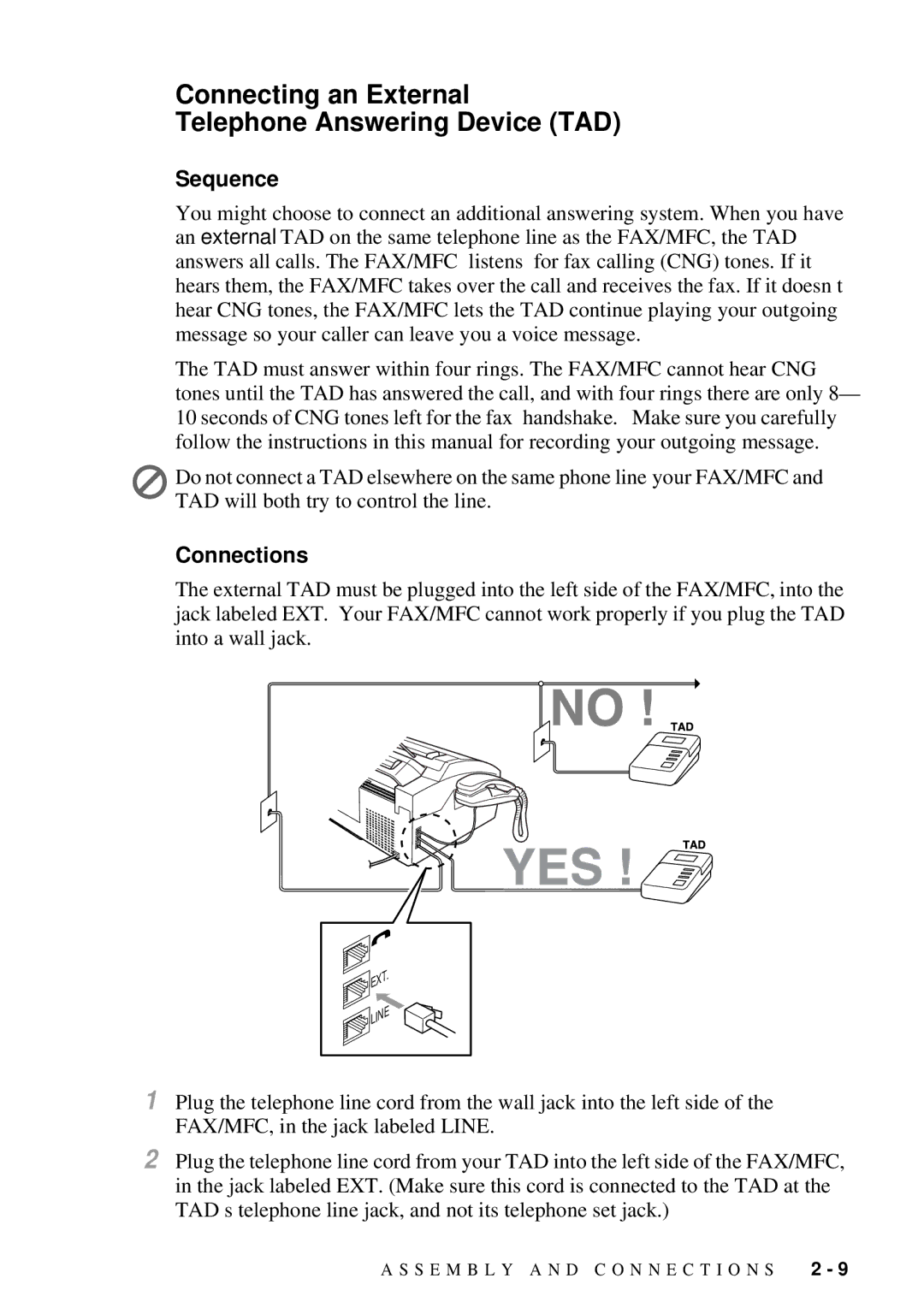 Brother MFC 4600, FAX 2600 manual Connecting an External Telephone Answering Device TAD, Sequence, Connections 