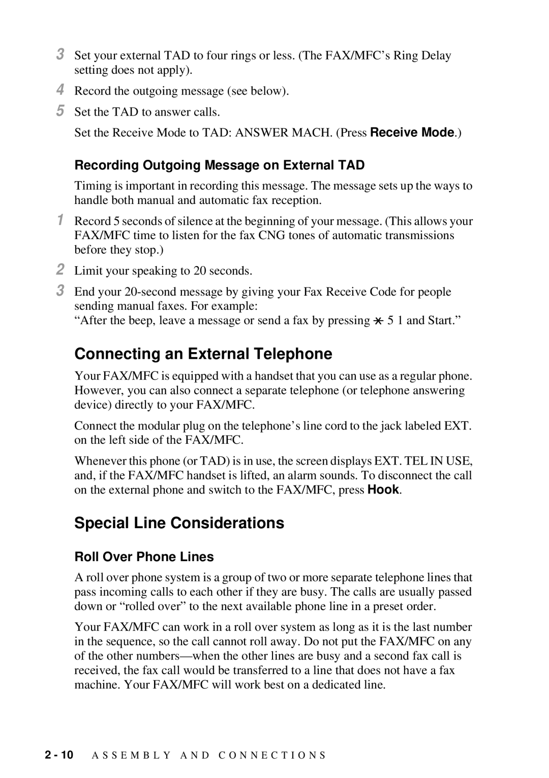 Brother FAX 2600 Connecting an External Telephone, Special Line Considerations, Recording Outgoing Message on External TAD 