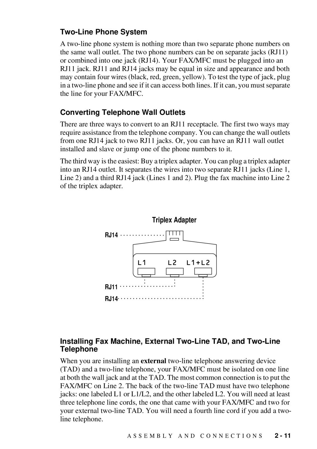 Brother MFC 4600, FAX 2600 manual Two-Line Phone System, Converting Telephone Wall Outlets, Triplex Adapter 