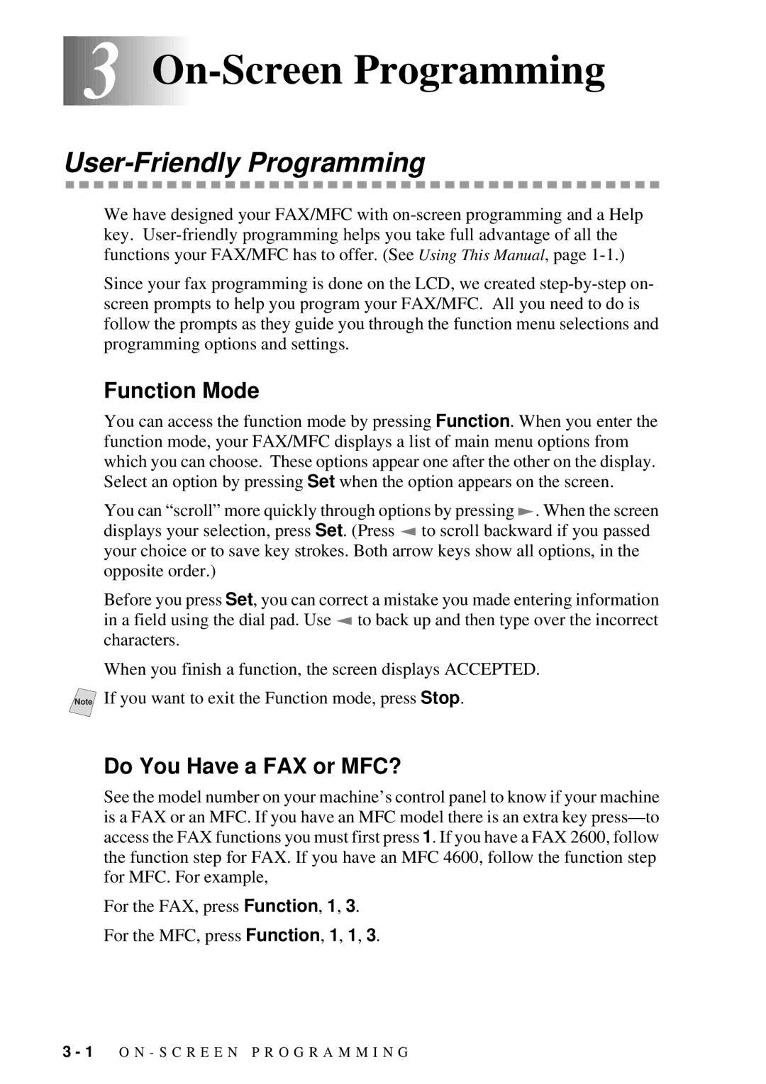 Brother FAX 2600, MFC 4600 3On-Screen Programming, User-Friendly Programming, Function Mode, Do You Have a FAX or MFC? 