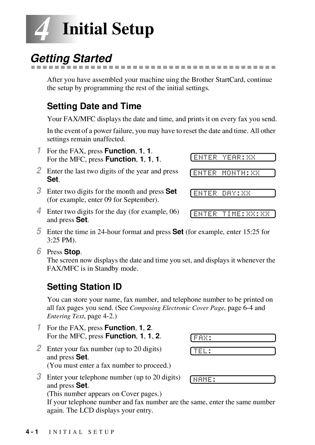 Brother FAX 2600, MFC 4600 manual 4Initial Setup, Getting Started, Setting Date and Time, Setting Station ID 