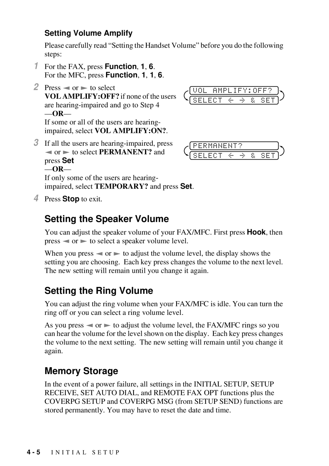 Brother FAX 2600, MFC 4600 Setting the Speaker Volume, Setting the Ring Volume, Memory Storage, Setting Volume Amplify 