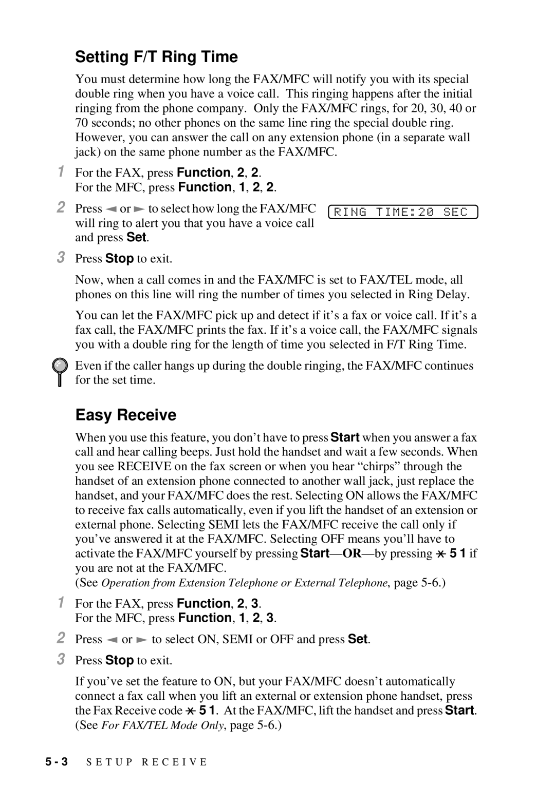 Brother FAX 2600, MFC 4600 manual Setting F/T Ring Time, Easy Receive, Ring TIME20 SEC 