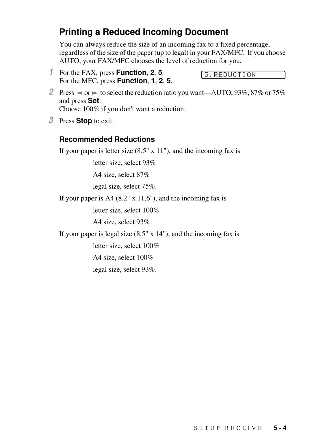 Brother MFC 4600, FAX 2600 manual Printing a Reduced Incoming Document, Recommended Reductions 