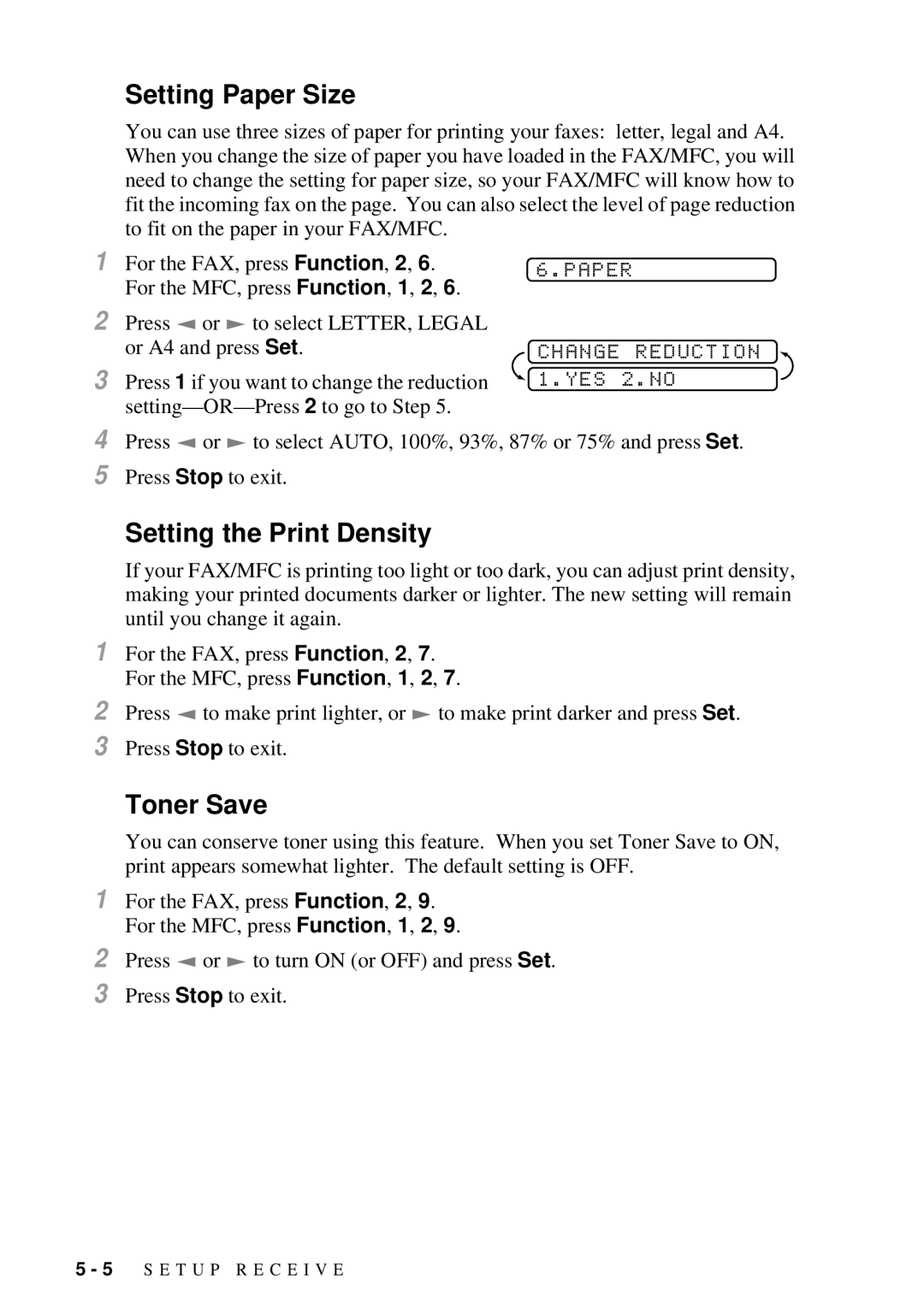 Brother FAX 2600, MFC 4600 Setting Paper Size, Setting the Print Density, Toner Save, Paper Change Reduction 1.YES 2.NO 