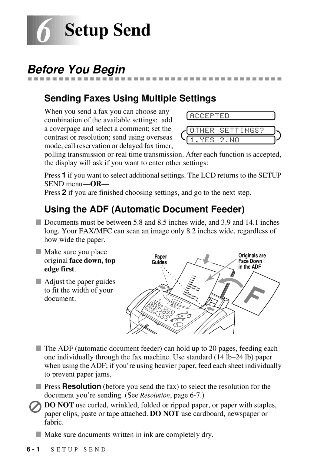 Brother FAX 2600, MFC 4600 manual 6Setup Send, Before You Begin, Sending Faxes Using Multiple Settings 