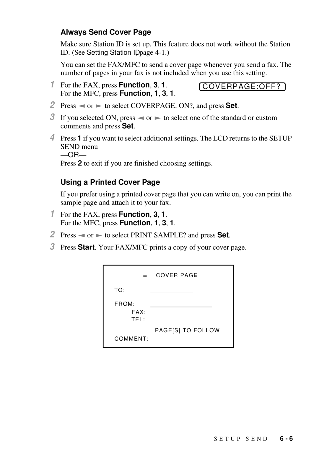 Brother MFC 4600, FAX 2600 manual Always Send Cover, Coverpageoff?, Using a Printed Cover 