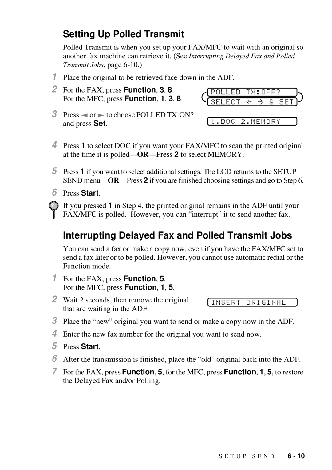 Brother MFC 4600, FAX 2600 Interrupting Delayed Fax and Polled Transmit Jobs, Polled TXOFF?, DOC Memory, Insert Original 