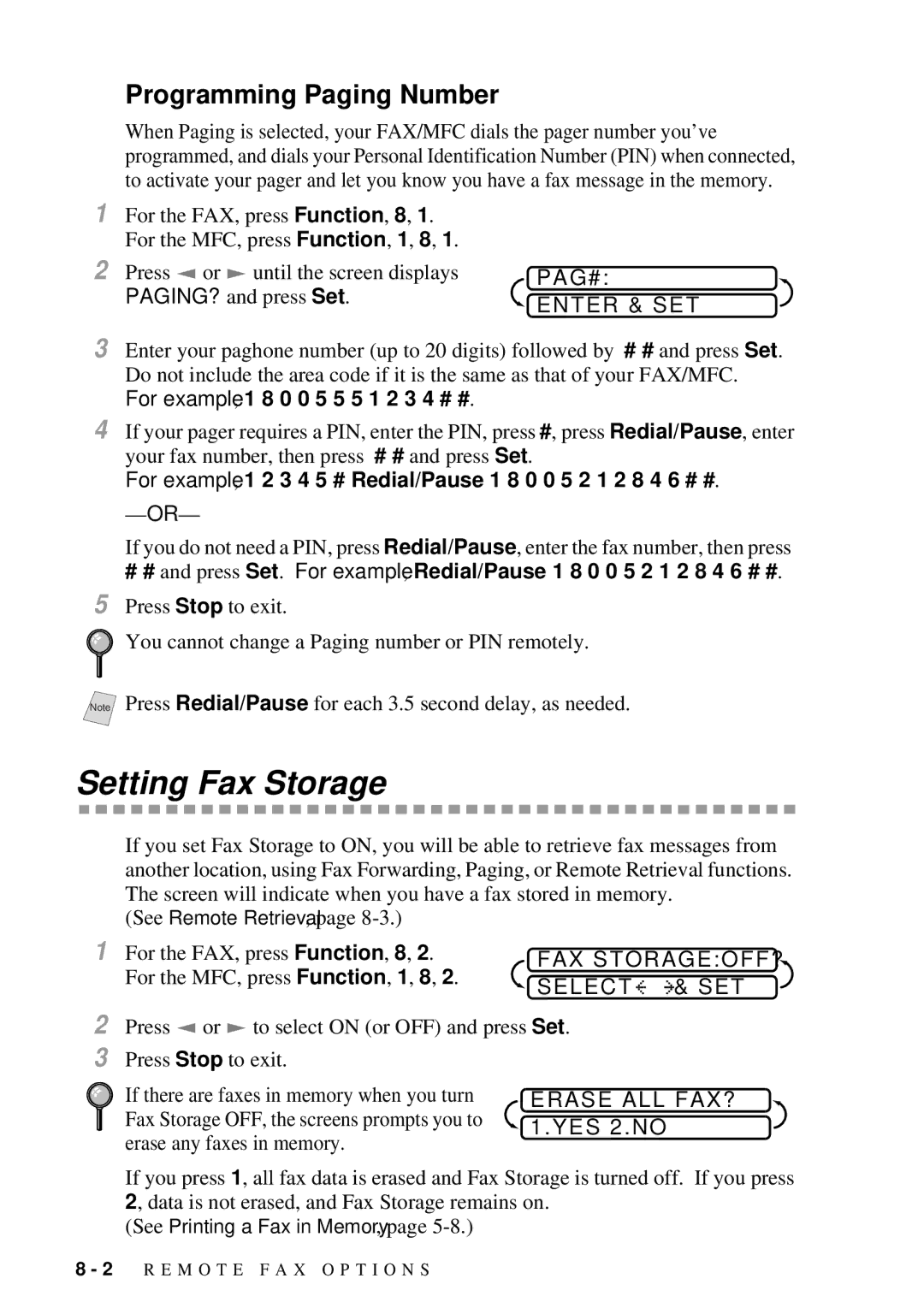 Brother FAX 2600, MFC 4600 manual Setting Fax Storage, Programming Paging Number, For example, 1 8 0 0 5 5 5 1 2 3 4 # # 