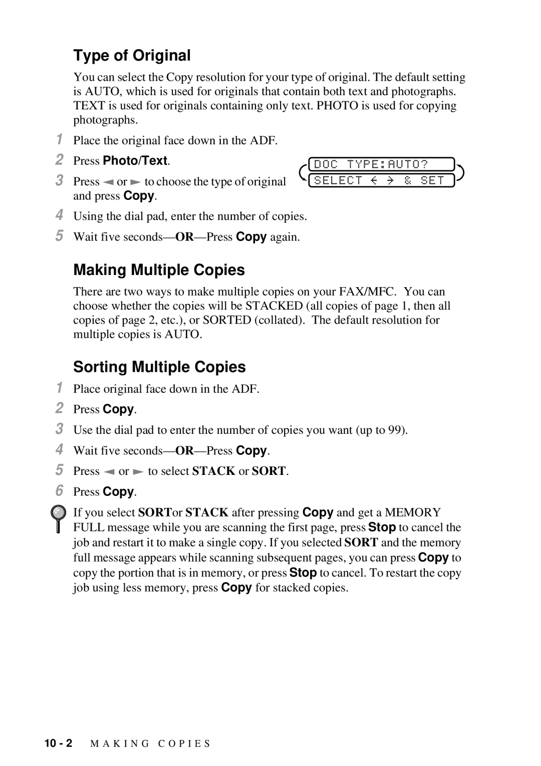 Brother FAX 2600, MFC 4600 manual Making Multiple Copies, Sorting Multiple Copies 