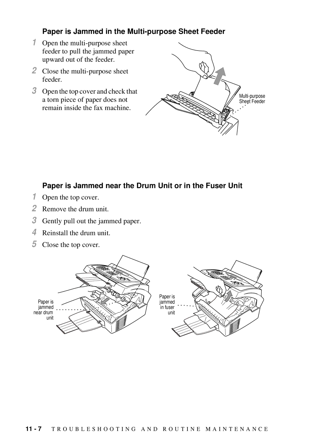 Brother FAX 2600, MFC 4600 manual Paper is Jammed in the Multi-purpose Sheet Feeder 