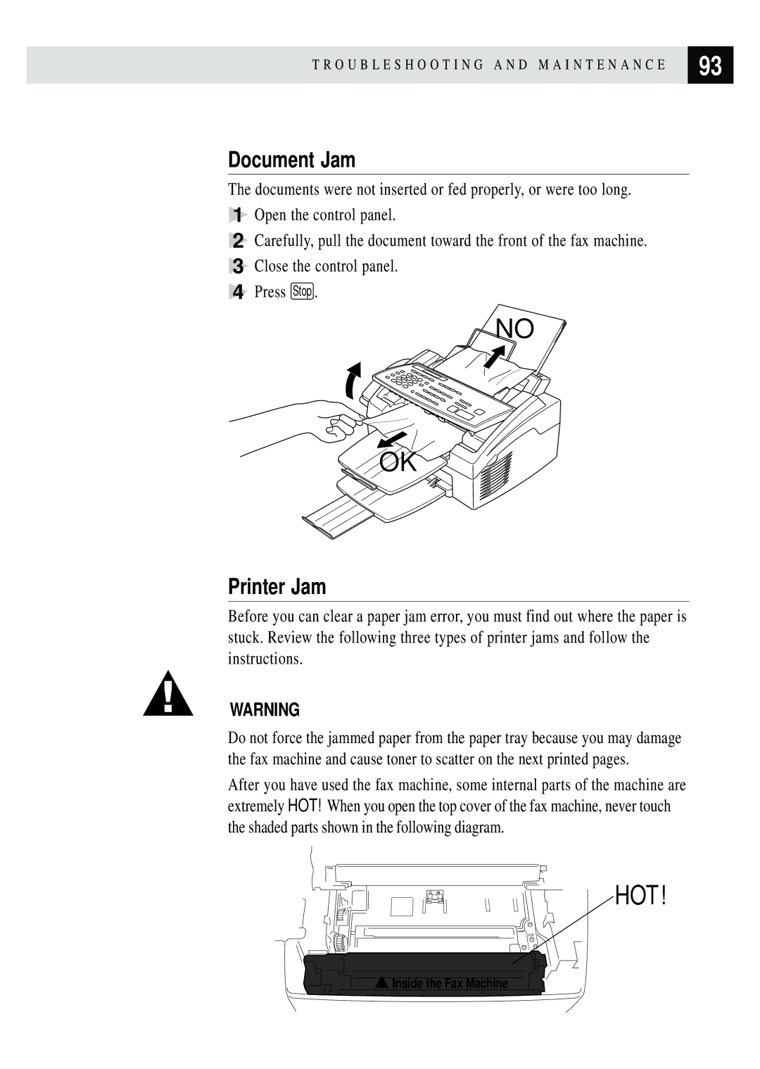 Brother FAX 3750, FAX 2750 manual Document Jam, Printer Jam 