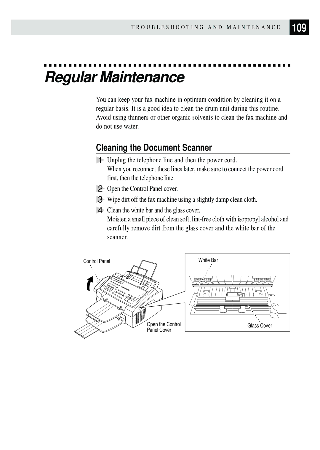 Brother FAX 3750, FAX 2750 manual Regular Maintenance, 109, Cleaning the Document Scanner 