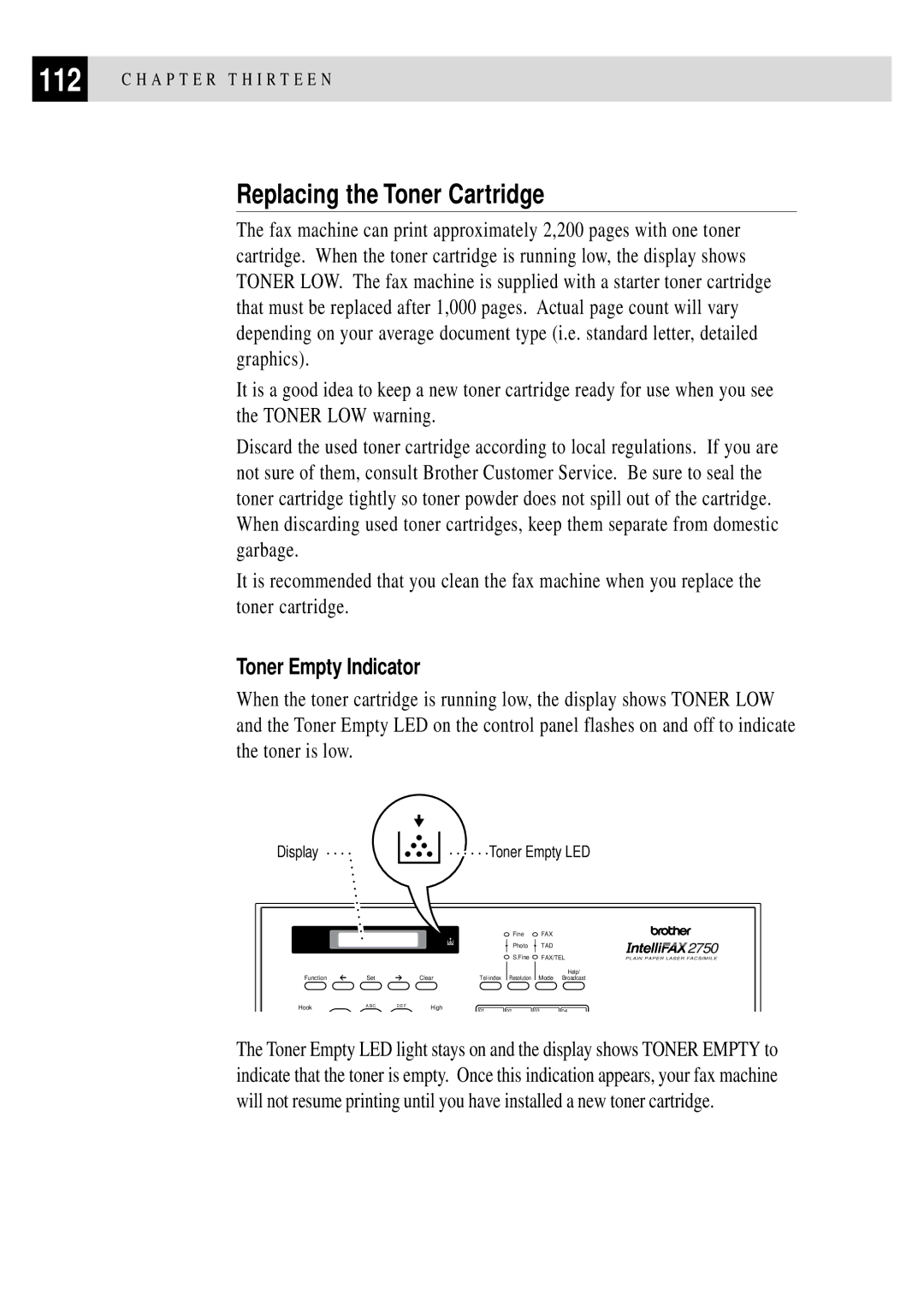 Brother FAX 2750, FAX 3750 manual Replacing the Toner Cartridge, Toner Empty Indicator 