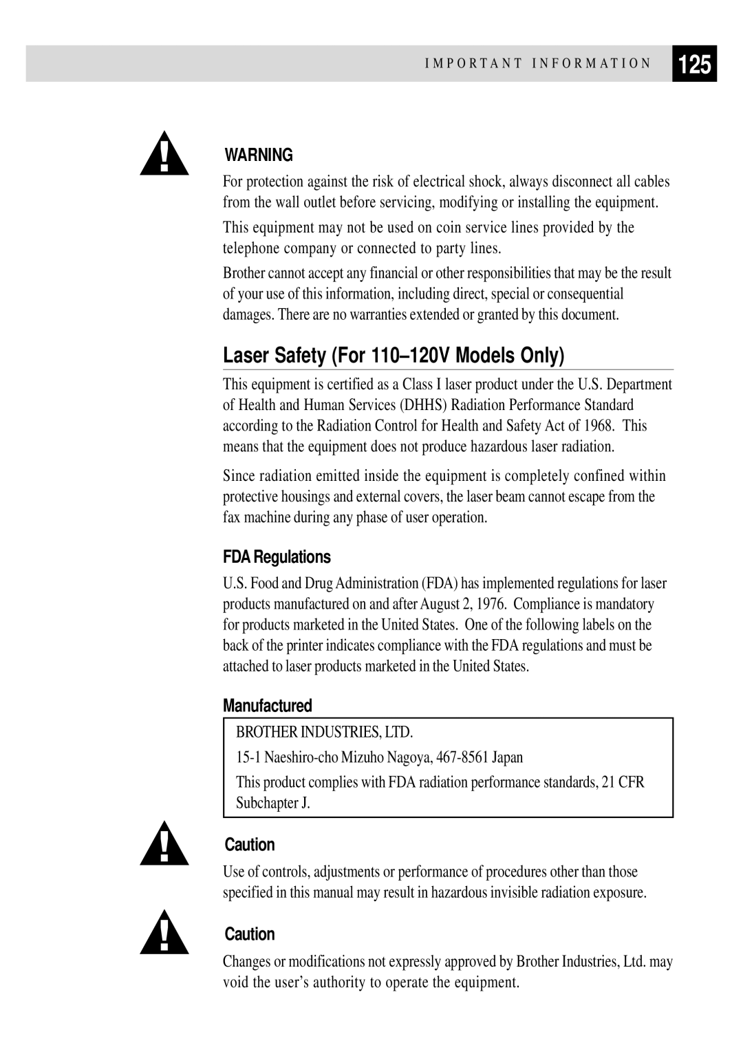 Brother FAX 3750, FAX 2750 manual 125, Laser Safety For 110-120V Models Only, FDA Regulations, Manufactured 