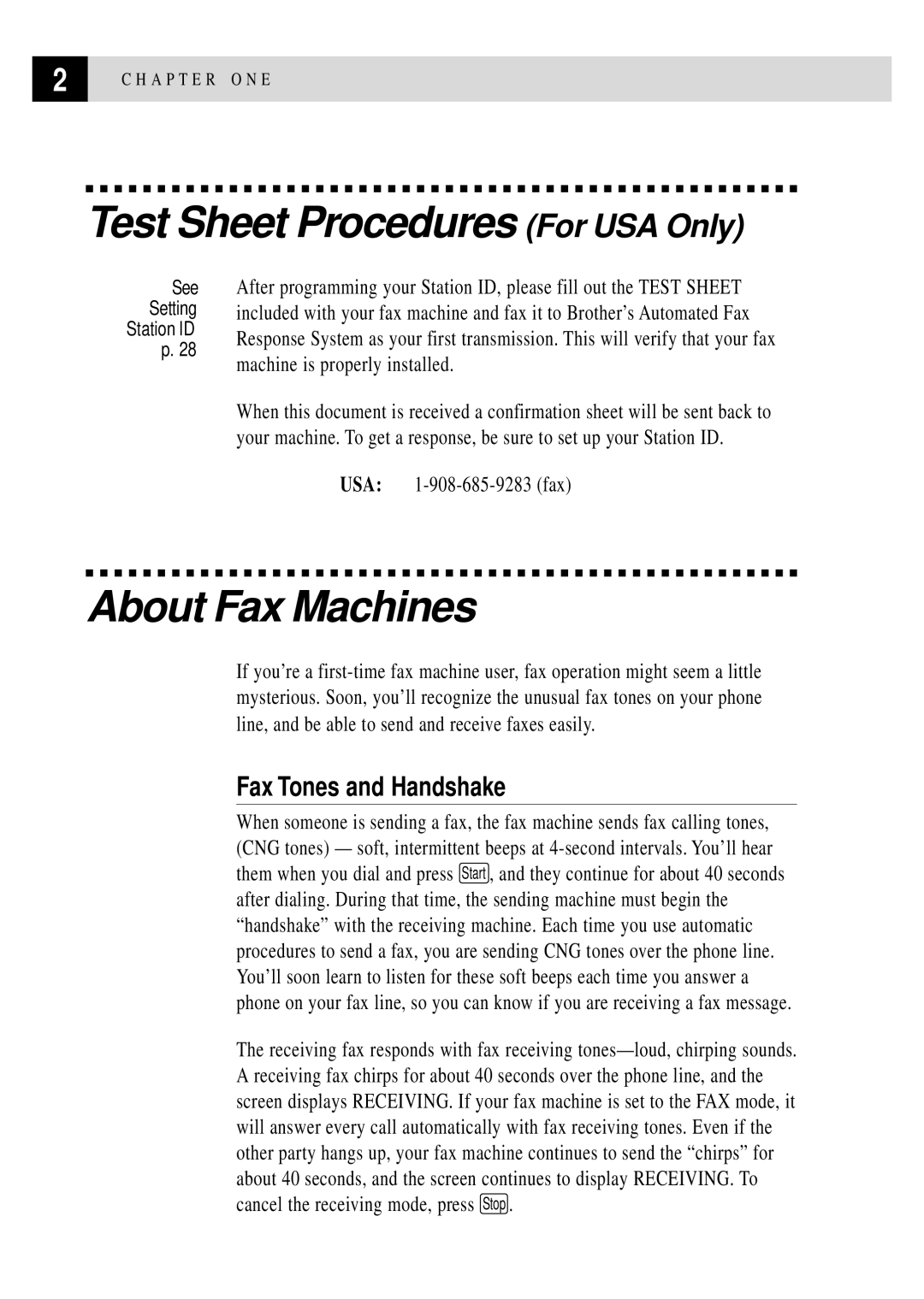 Brother FAX 2750 Test Sheet Procedures For USA Only, About Fax Machines, Fax Tones and Handshake, USA 1-908-685-9283 fax 