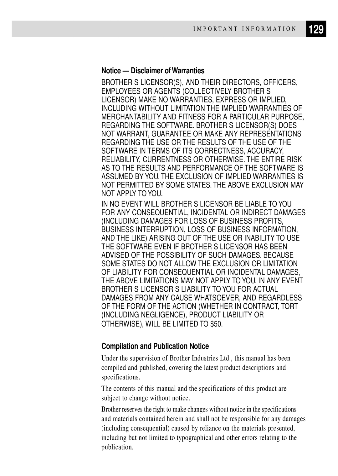 Brother FAX 3750, FAX 2750 manual 129, Compilation and Publication Notice 