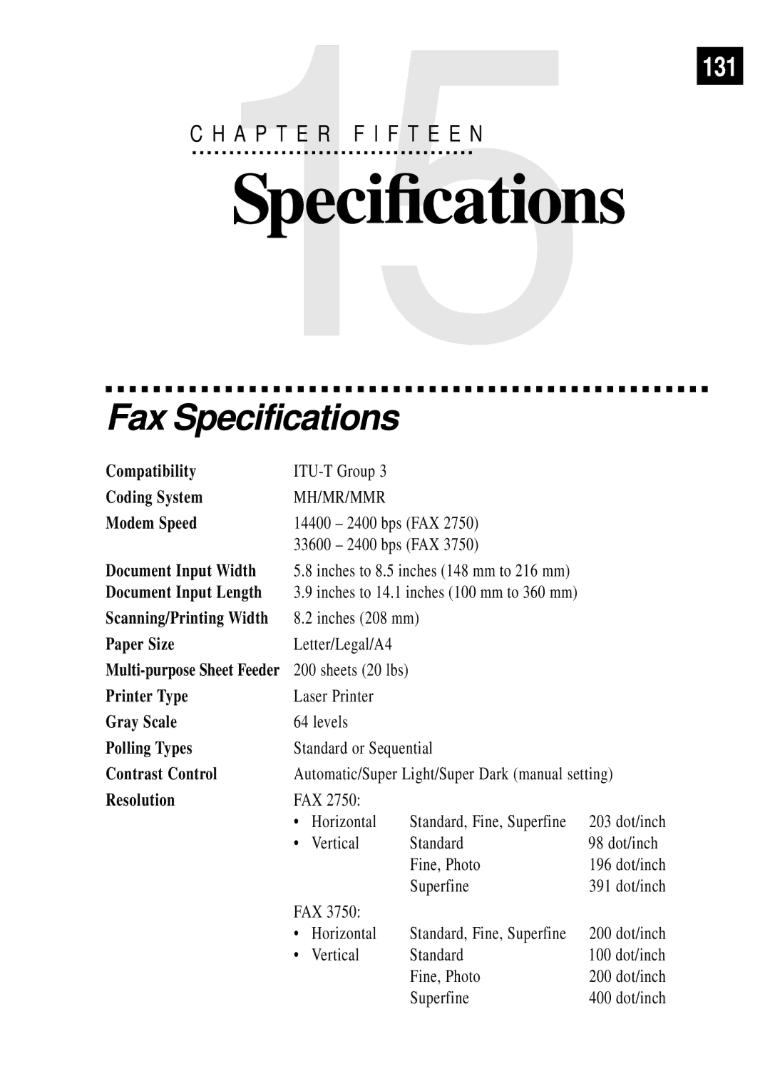 Brother FAX 3750, FAX 2750 manual Fax Specifications 