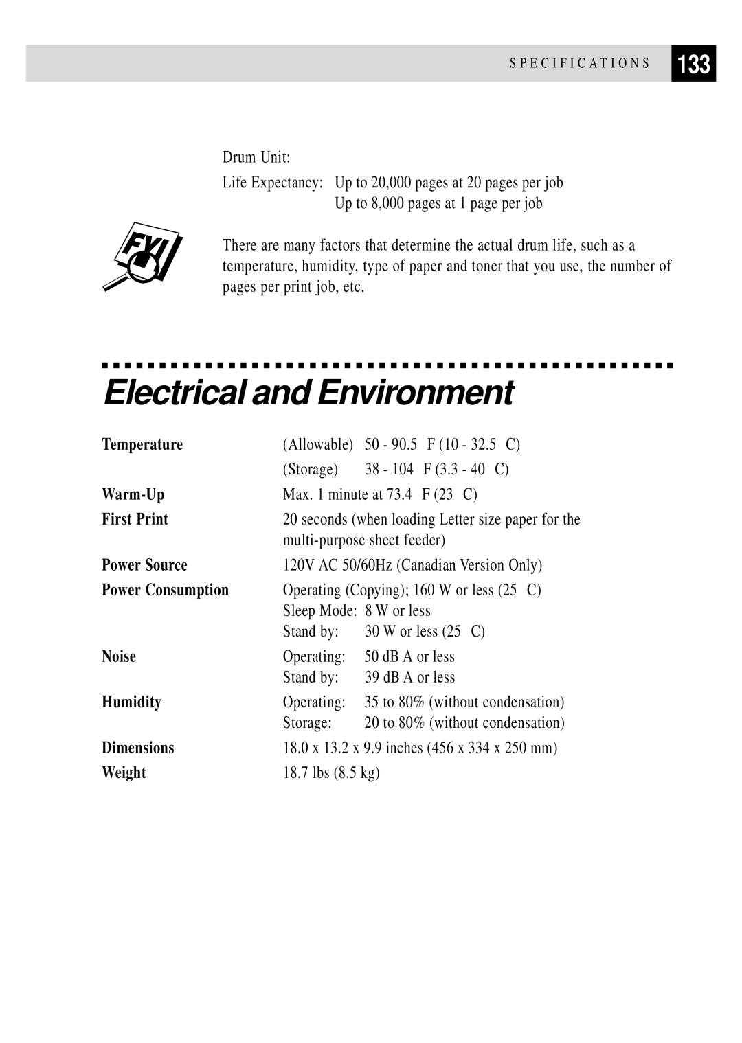 Brother FAX 3750, FAX 2750 manual Electrical and Environment, 133 