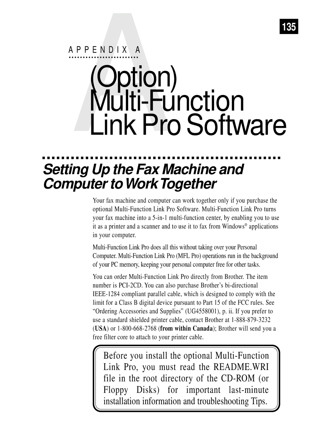 Brother FAX 3750, FAX 2750 manual Option Multi-Function Link Pro Software, 135 